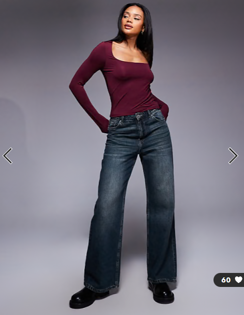 ASOS DESIGN double layer long sleeve wide square neck top in burgundy