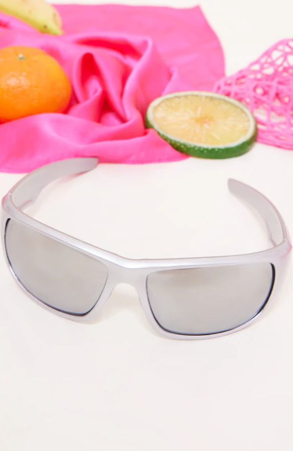 Silver Mirrored Lens Rectangular Sporty Visor Sunglasses