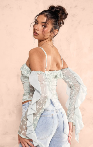 Sage Green Applique Detail Woven Hook & Eye Frill Boned Bardot Corset