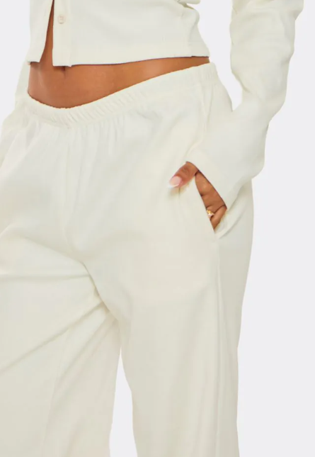 Mid Rise Wide Leg Trousers In Cream Ribbed