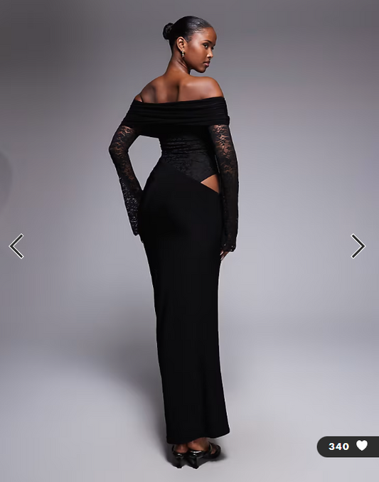 Kaiia exclusive double layered slinky lace bardot maxi dress in black