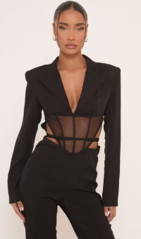 Long Sleeve Mesh Insert Cut Out Corseted Tailored Jumpsuit In Black