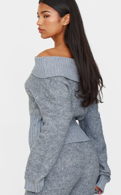 Charcoal Contrast Textured Knit Bardot Foldover Jumper