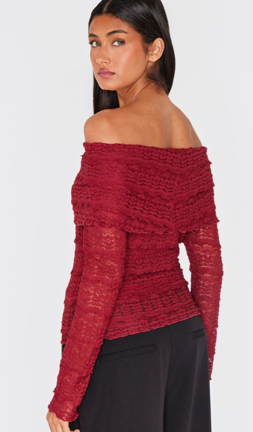 Plt - Burgundy Textured Bardot Long Top