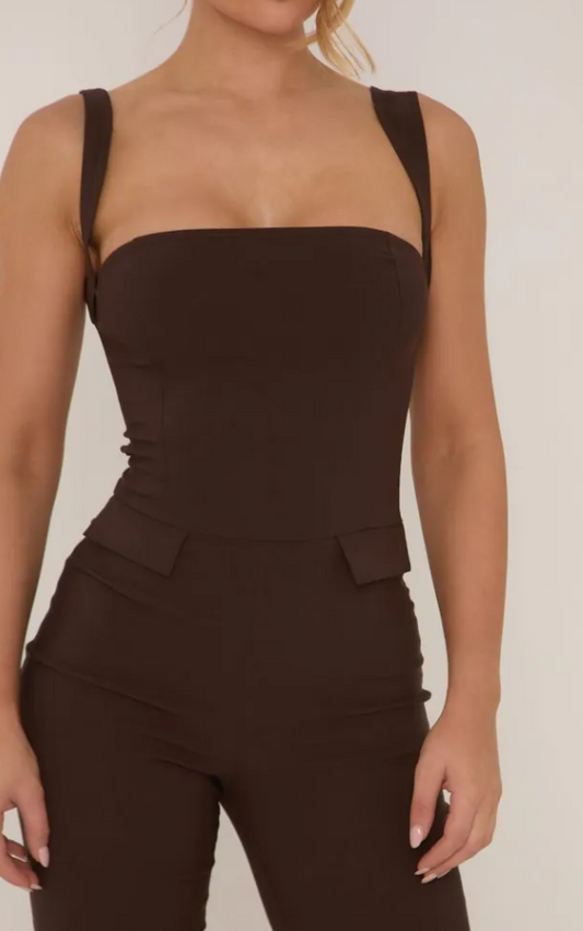 Square Neck Tailored Flared Jumpsuit In Chocolate Brown Woven