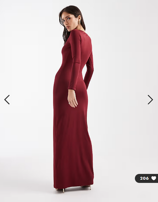 4th & Reckless slinky ruched side long sleeve metal cut out detail maxi dress in burgundy
