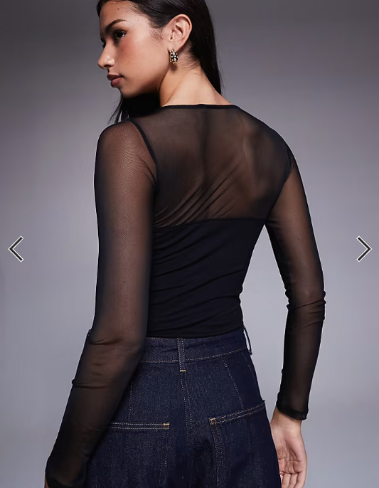 ASOS DESIGN mesh mix panel long sleeve bodysuit in black