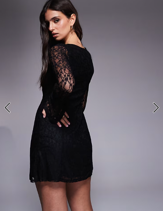 New Look long sleeve lace mini dress in black