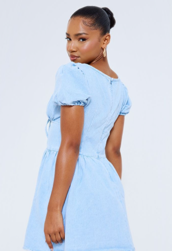 Light Blue Wash Puff Sleeve Fitted Waist Denim Dress