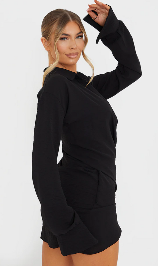 Plt - Black Textured Woven Extreme Plunge Bell Cuff Shirt Dress