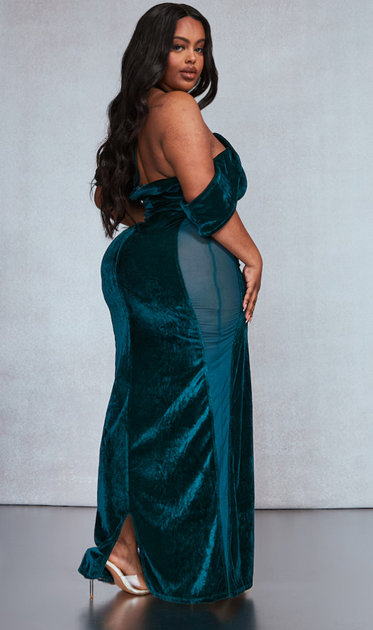 Plus Emerald Green Velvet And Mesh Halter Maxi Dress With Bardot Detail