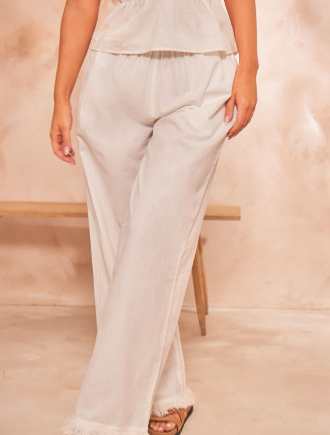 White Linen Look Frayed Hem Wide Leg Trousers