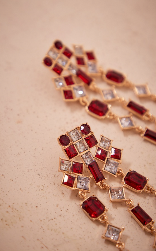 Coral & Clear Squared Jeweled Statement Earrings