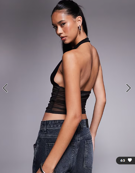ASOS DESIGN slinky plunge halter top with ruched mesh in black