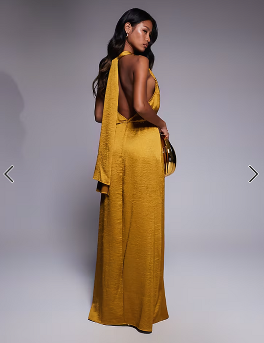 TFNC satin deep v halter neck knot detail drape front maxi dress in mustard