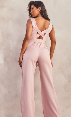 Rose Woven Plunge Cross Back Tie Detail Jumpsuit