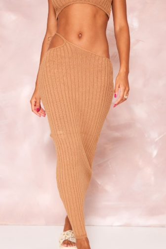 Tan Wide Rib Knitted Maxi Skirt