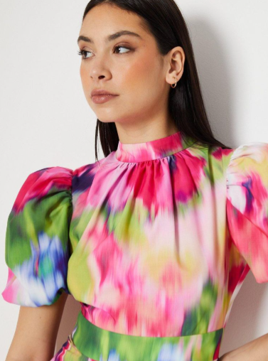 Blurred Floral Puff Sleeve Midaxi Dress