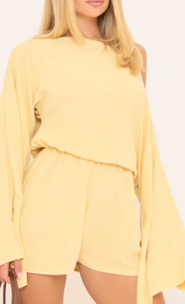 Ego - Linen Off The Shoulder Flare Sleeve Playsiit In Yellow