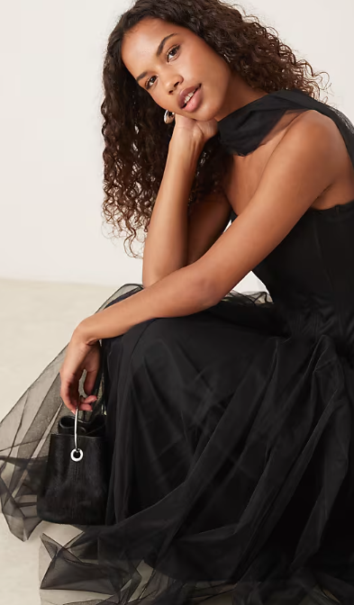 Asos - Lace & Beads strapless drop hem corset maxi with neck scarf in black