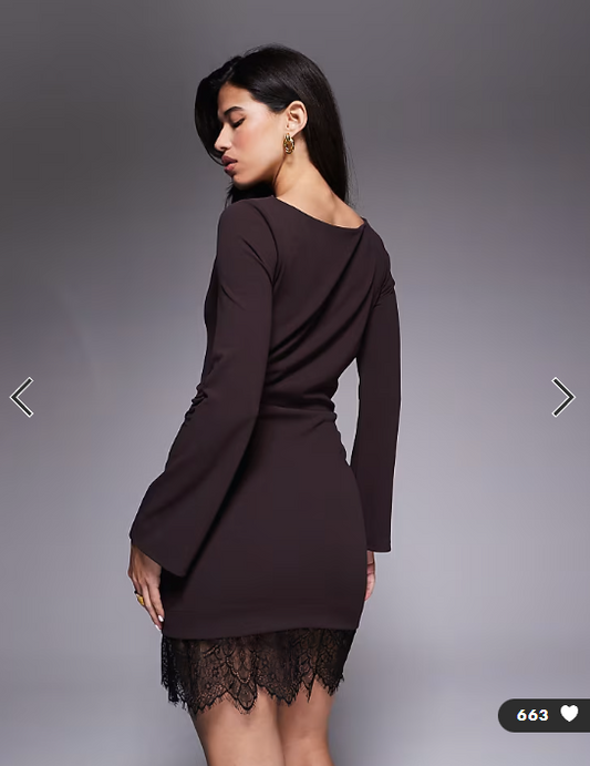 ASOS DESIGN long sleeve slash neck mini dress with lace hem detail in chocolate