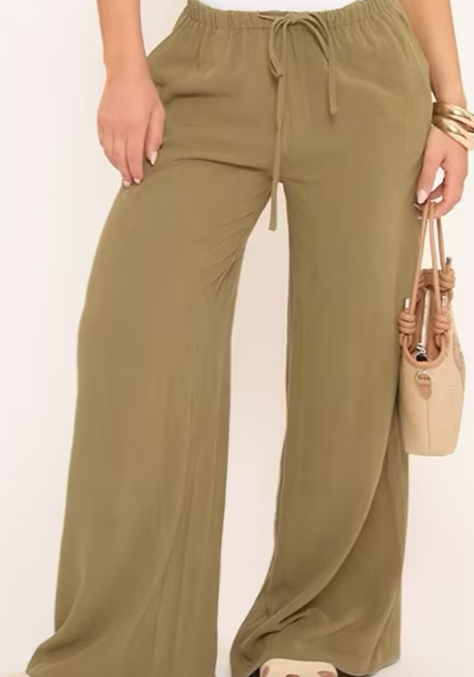 Ego - drawcord elasticated waist wide leg trousers in khaki linen