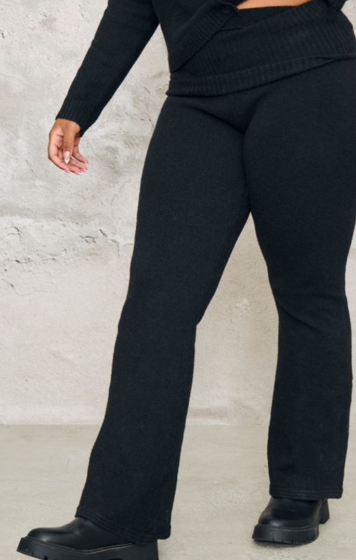 Plus Black Melange Soft Knit Foldover Waist Flared Trousers