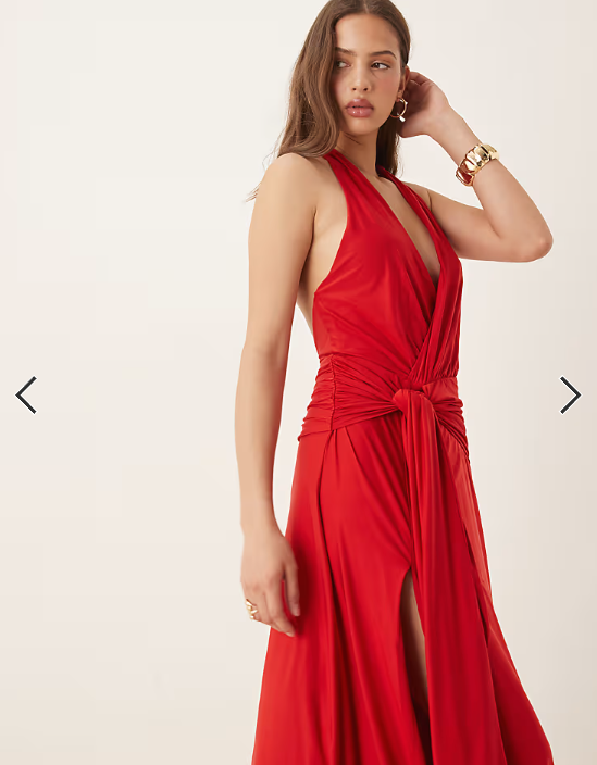 Abercrombie & Fitch halter neck elevated jersey knot front maxi dress in red