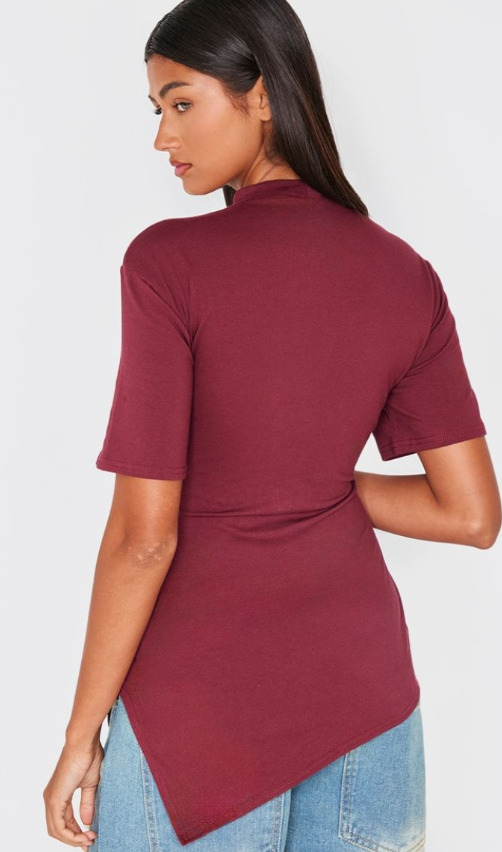 Burgundy Cotton Ruched Side Asymmetric Hem T-shirt