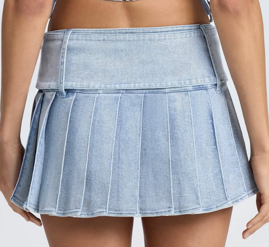 OhPolly-Belted Pleated Low-Rise Micro Mini Skirt in Light Blue Stonewash