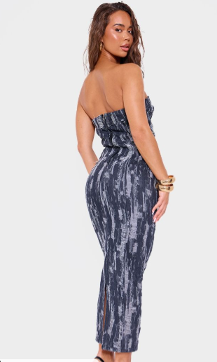 Black Jaquard Style Strapless Denim Maxi Dress