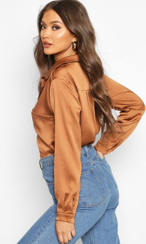 Boohoo Oversized Pocket Detail Satin Shirt - mocha