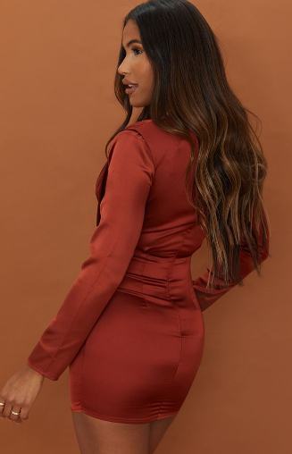 Plt - Rust Satin Long Sleeve Drape Detail Plunge Bodycon Dress