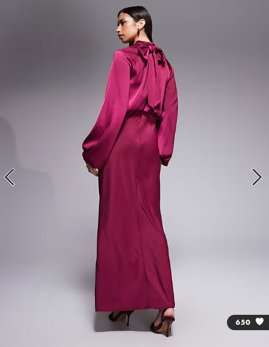 ASOS DESIGN textured blouson maxi dress with high neck and tie back in raspberry