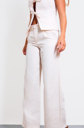 Cream Premium Textured Tailored Wide Leg Trousers