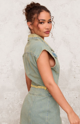 Petite Vintage Wash Sleeveless Wrap Over Denim Mini Dress