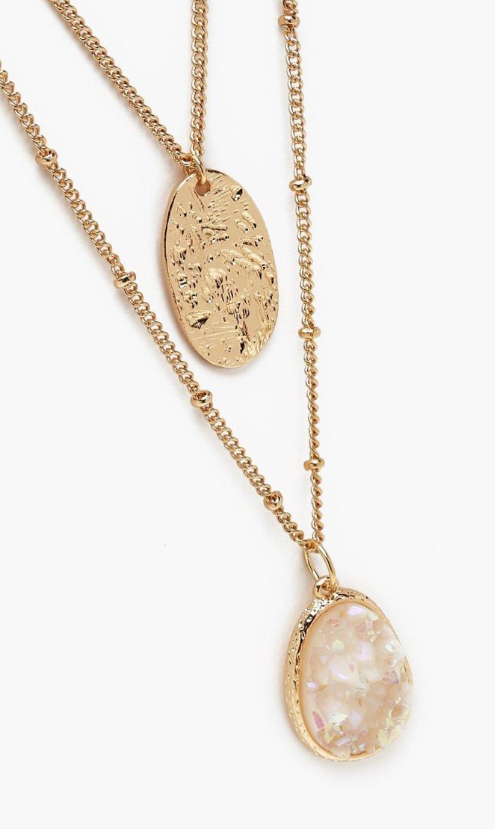 Textured Coin & Iridescent Layered Necklace - gold