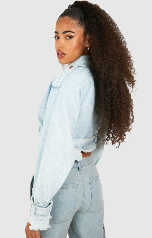 Boohoo Crop Denim Trench Coat - light blue
