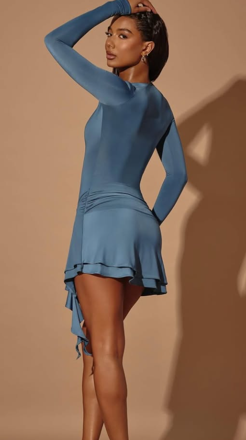 OH-POLLY-Plunge Neck Long Sleeve Mini Dress in Steel Blue