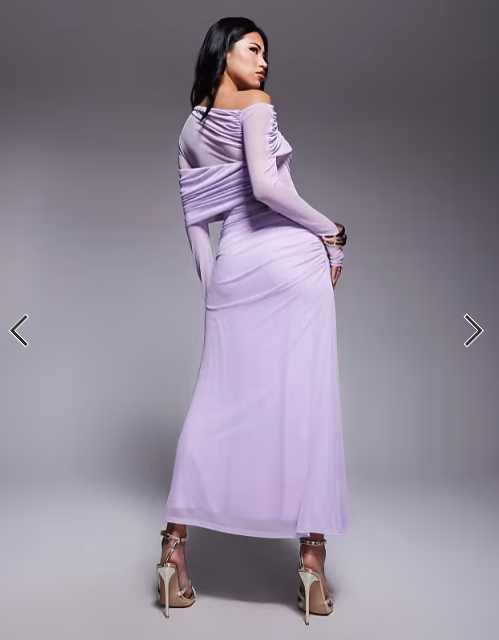 ASOS DESIGN long sleeve slouchy bardot mesh mix maxi dress in lilac