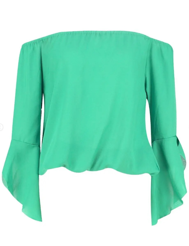 Boohoo - Green Fluted Frill Sleeve Off The Shoulder Top