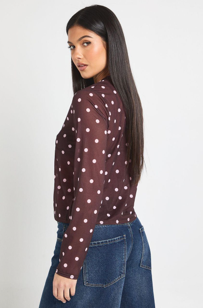 Boohoo - Polka Dot Print Mesh Button Through Top
