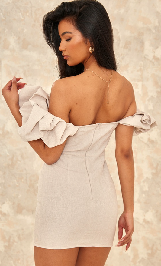 Stone Linen Look Bardot Frill Detail Bodycon Dress