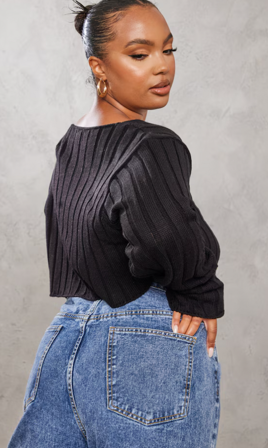 Plus Black Chunky Knit Long Sleeve Dip Hem Crop Top