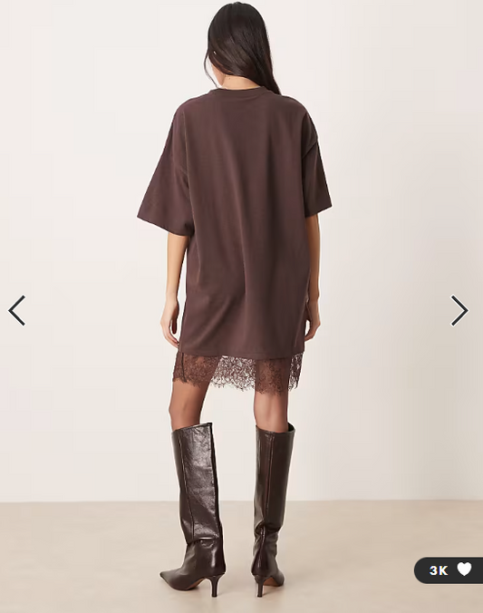 ASOS DESIGN oversized mini dress with lace hem trim in chocolate