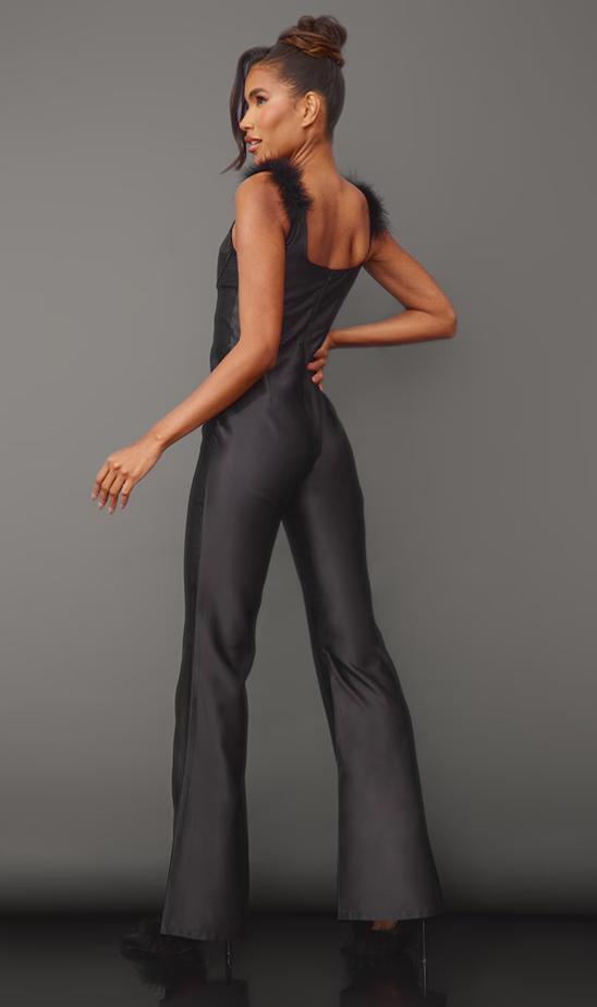 Black Feather Shoulder V Bar Underwired Satin Jumpsuit