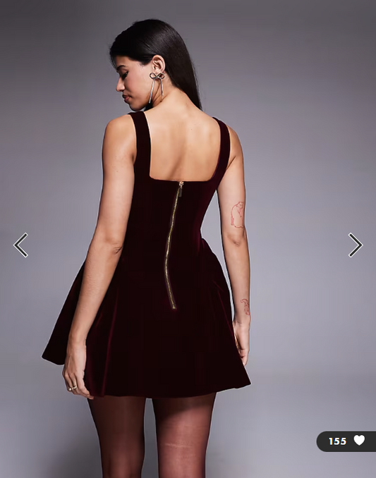 Asos - Wanderdoll Lucky velvet square neck hip detail mini dress in burgundy