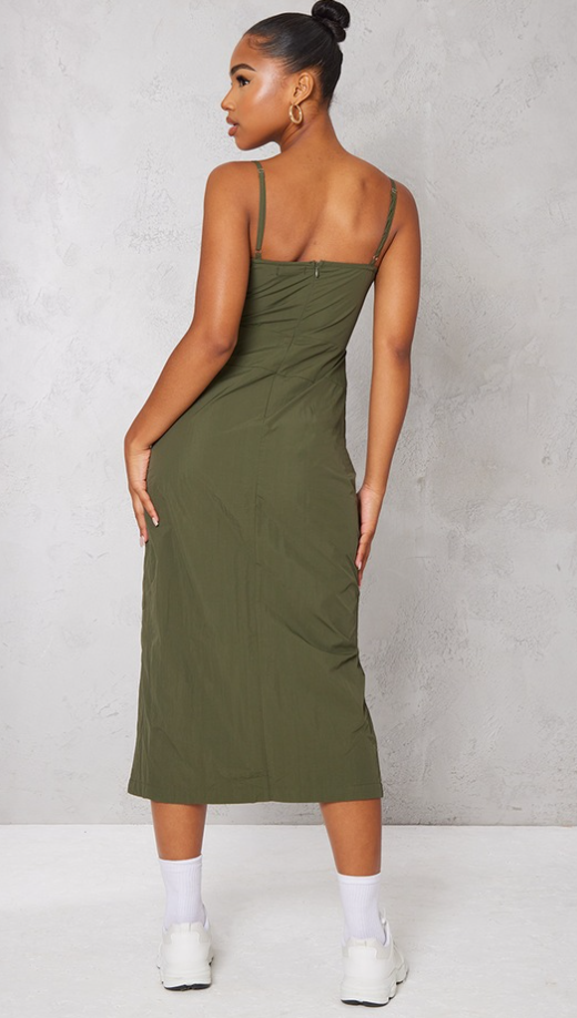 Khaki Parachute Cargo Pocket Detail Strappy Midaxi Dress