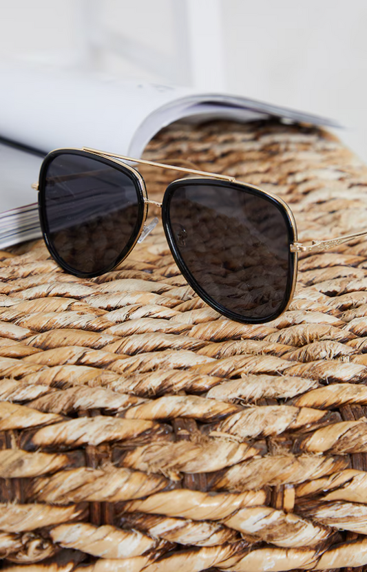 Black Oversized Gold Detail Aviator Sunglasses