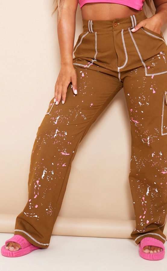 Shape Khaki Contrast Stitch Paint Splatter Cargo Trousers